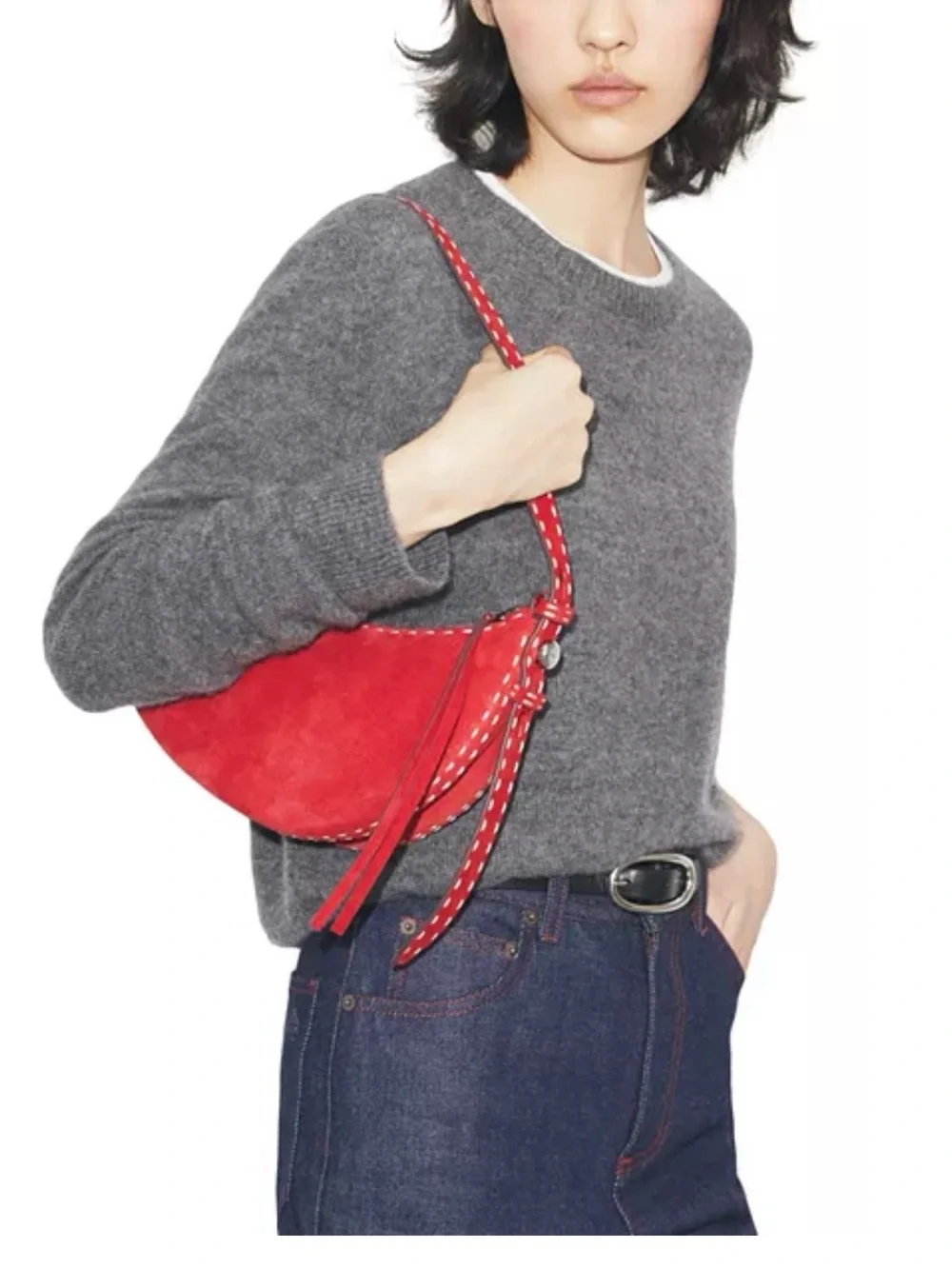 Tory Burch Romy Half Moon Shoulder Bag Suede Red OS - Picture 2 of 8